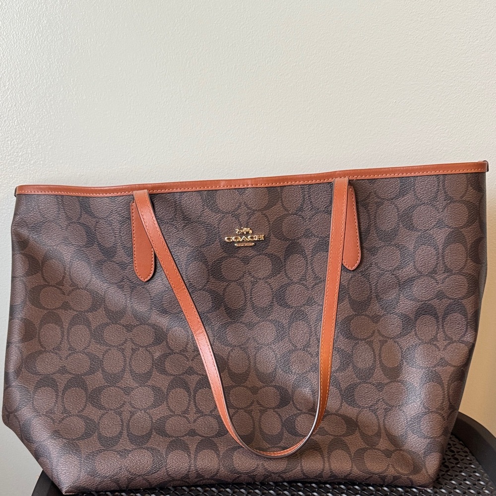 Coach Brown Signature Tote with Tan Trim and Gold Logo